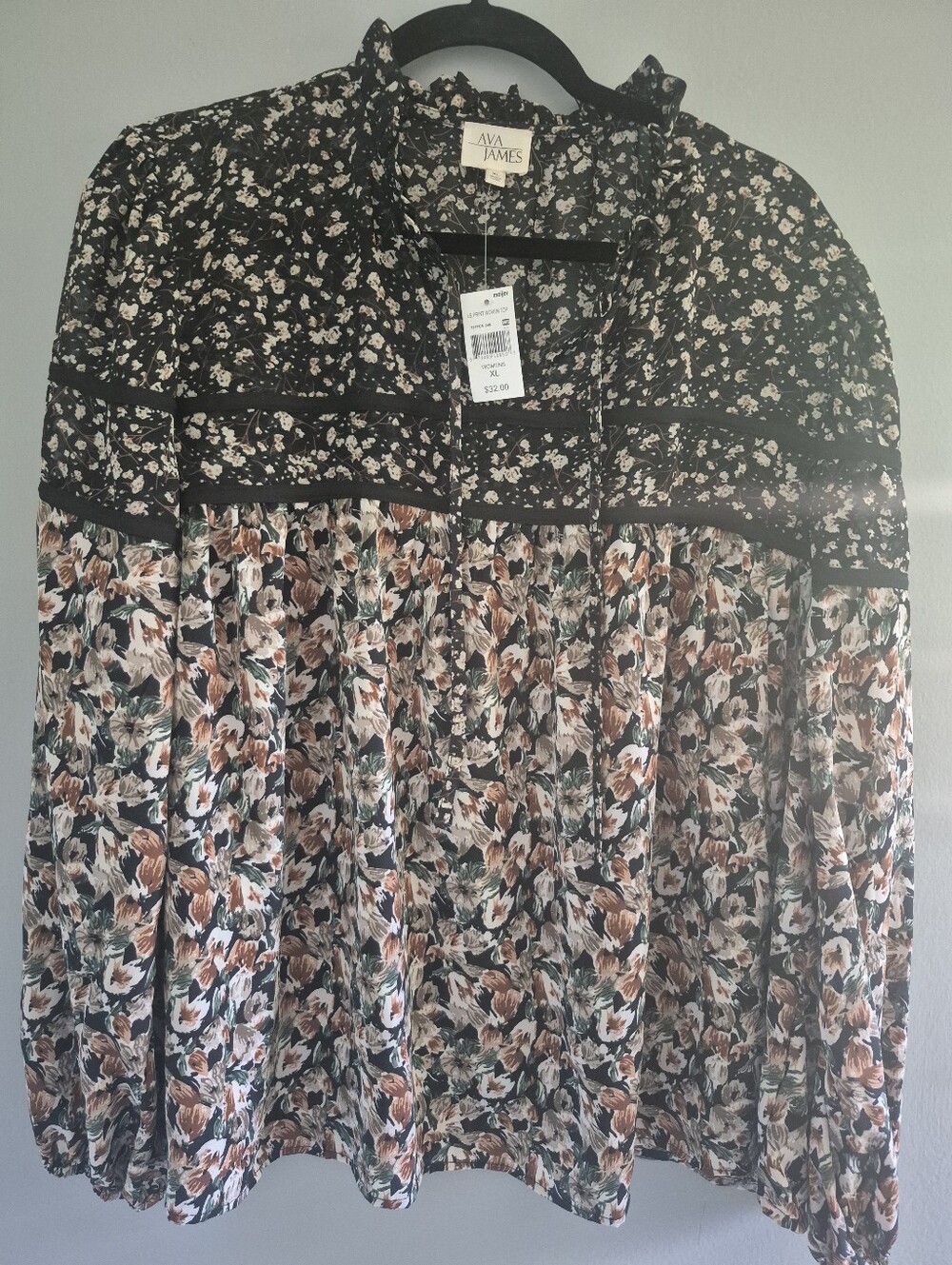 Ava James Floral Mixed-Print Boho summer long sleeve bohemian Blouse size XL NWT